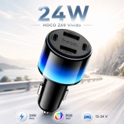 Автомобильное зарядное устройство 24W HOCO Z69 Vivido, 2 USB-C + 2 USB-A, RGB-подсветка